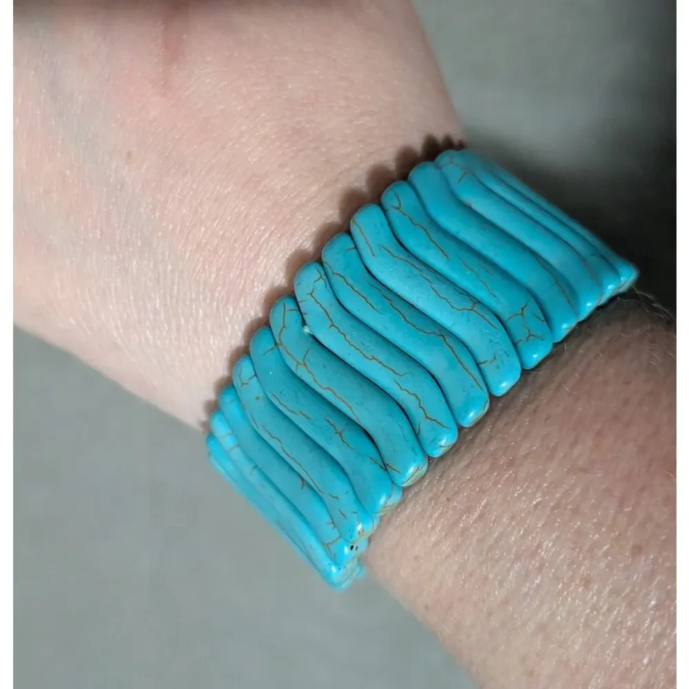 Southwestern Boho Faux Turquoise S-Curve Block Stretch Bracelet
